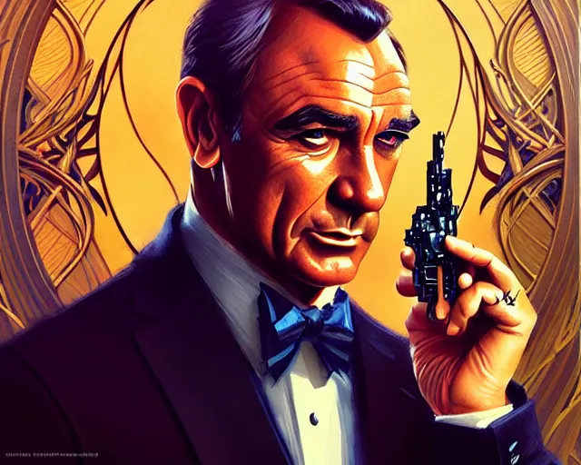 Prompt: James Bond Sean Connery, art nouveau, fantasy, intricate flower designs, elegant, highly detailed, sharp focus, art by Artgerm and Greg Rutkowski and WLOP