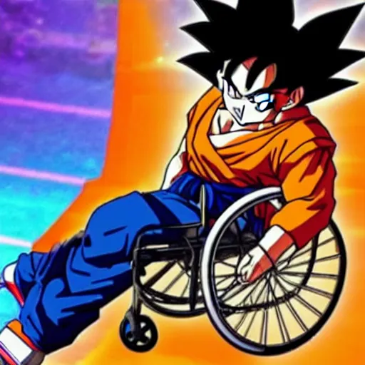 Prompt: Goku on wheel chair,