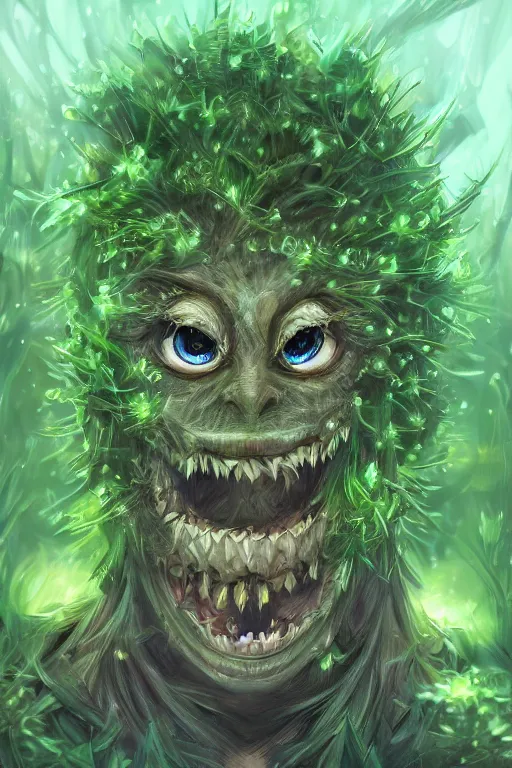 Image similar to a humanoid figure dandelion moss plant monster, large eyes and menacing smile, highly detailed, digital art, sharp focus, trending on art station, anime art style