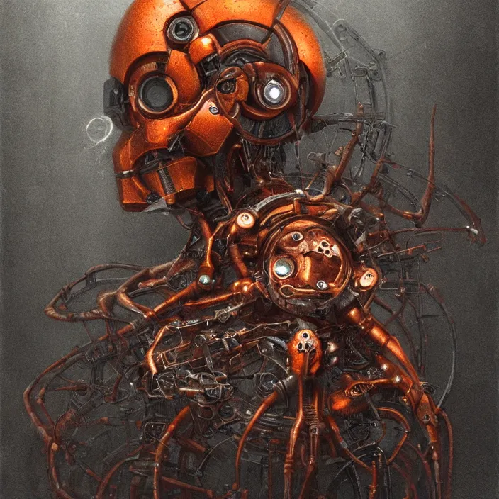 Image similar to portrait of an orange ultron from age of ultron, clockwork steampunk, dieselpunk, head and chest only, by beksinski, 4 k, deviantart, trending on artstation