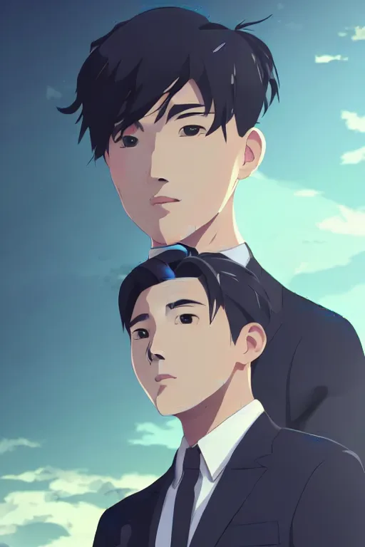 Image similar to portrait of a handsome young asian man in a suit, cool hairstyle, half body shot, trending on artstation, studio ghibli, makoto shinkai, visually stunning, beautiful nature scenery background, cinematic dramatic atmosphere, sharp focus, volumetric lighting, cinematic lighting, studio quality