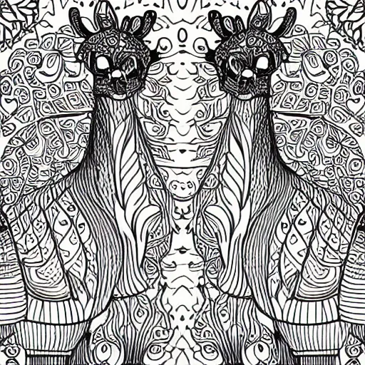 Image similar to coloring book of llamas, black and white, very detailed