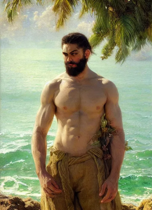 Prompt: detailed cinematic wide shot of muscular attractive young cuban man beard slim face symmetrical face tanskin green eyes white hair wearing sea clothes, ultra realistic, spring light, painting by gaston bussiere, craig mullins, j. c. leyendecker