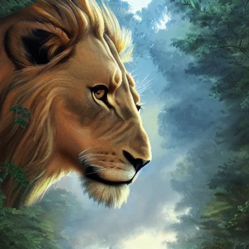 Image similar to A beautiful detailed painting of a lion with the head and wings of an eagle in a magical forest, ray traced sun light, by john sargent and Kalin Popov , Trending on artstation HD.