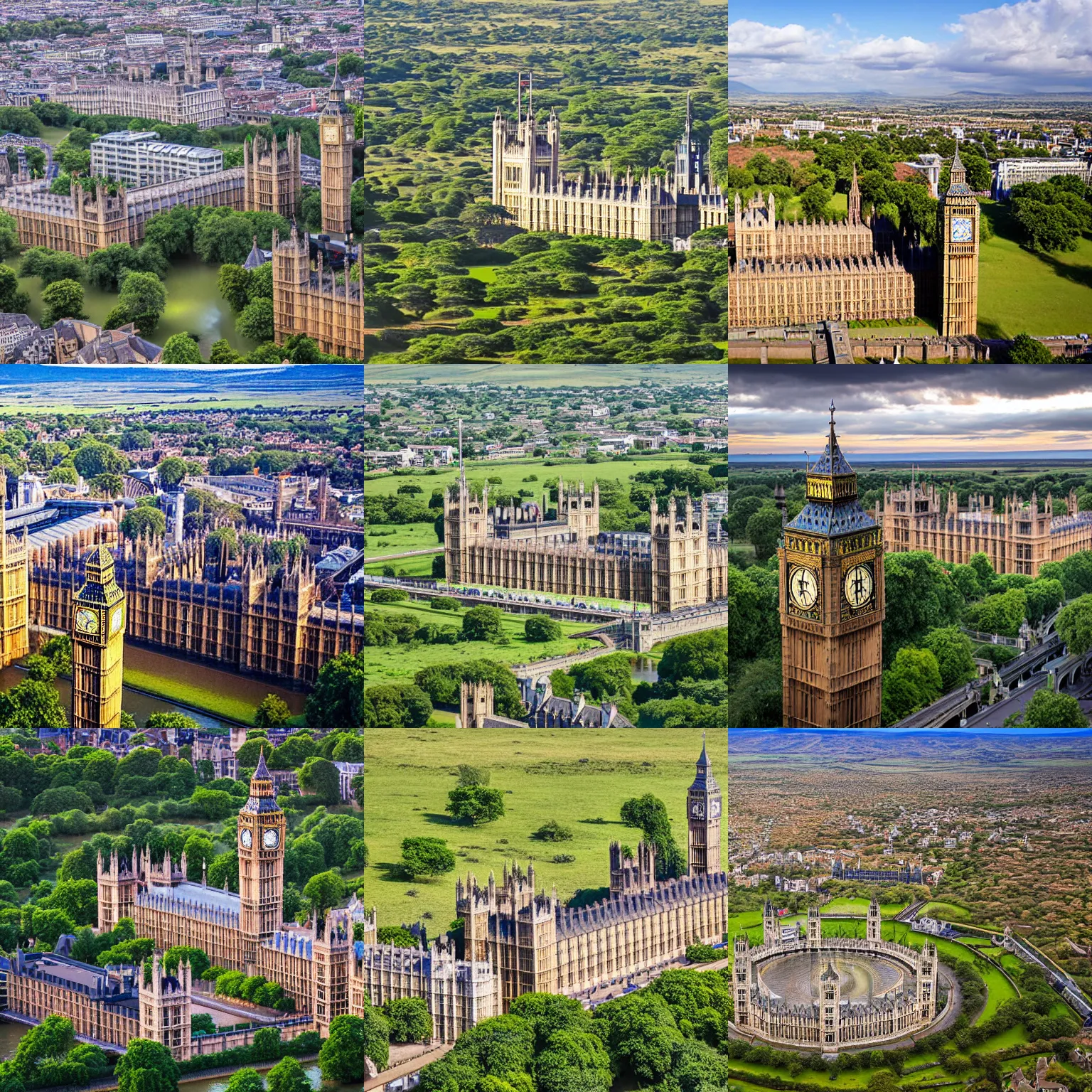 Prompt: Big Ben and the Houses of Parliament in the Serengeti savannah, award winning drone photography