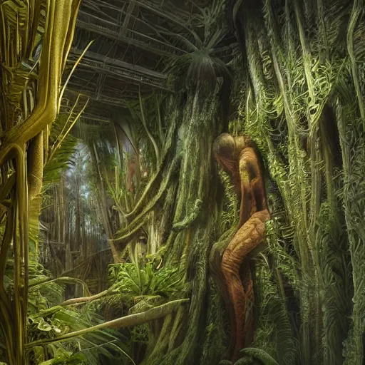 Image similar to epic, ultra detailed, hyper - real alien jungle by zaha hadid and greg rutkowski inside zdzisław beksinski