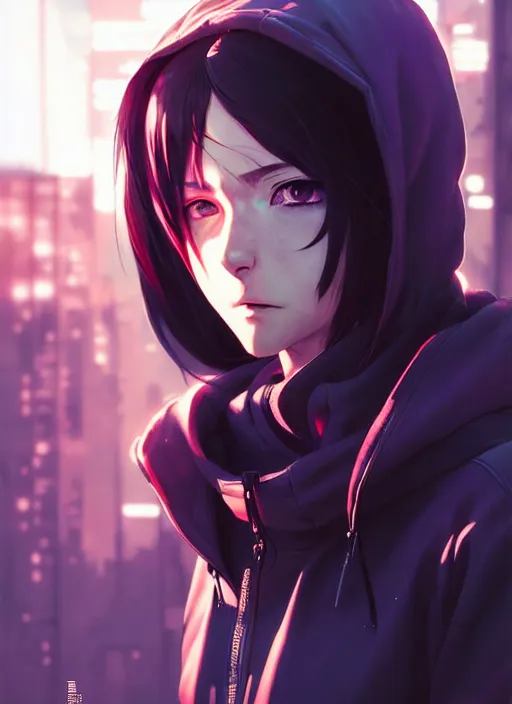 Image similar to cyberpunk anime girl in hoodie, realistic face, beautiful face, grafity, neonpunk, alita, arcane, action, tokyo street, detail, good face, pose model, concept art, in style of yoji shinkawa, pan ren wei, col price, atey ghailan, by greg rutkowski, aesthetic