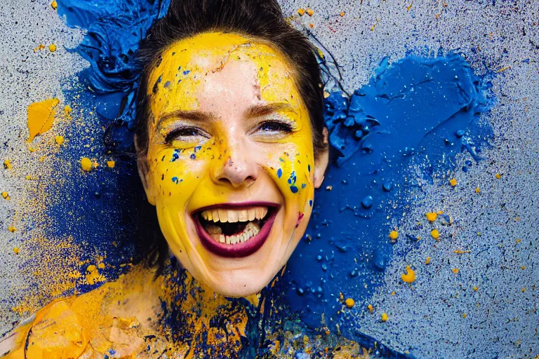 Prompt: a highly detailed cinematic headshot portrait photograph of a laughing woman with a dripping paint face, with blue and orange and yellow paint splash, liquid, ultra realistic, beautiful rim lighting, by richard avedon and annie leibovitz and arnold newman, photorealistic, hyperrealistic, octane, hasselblad camera, zeiss lens, sharp focus, paint splash