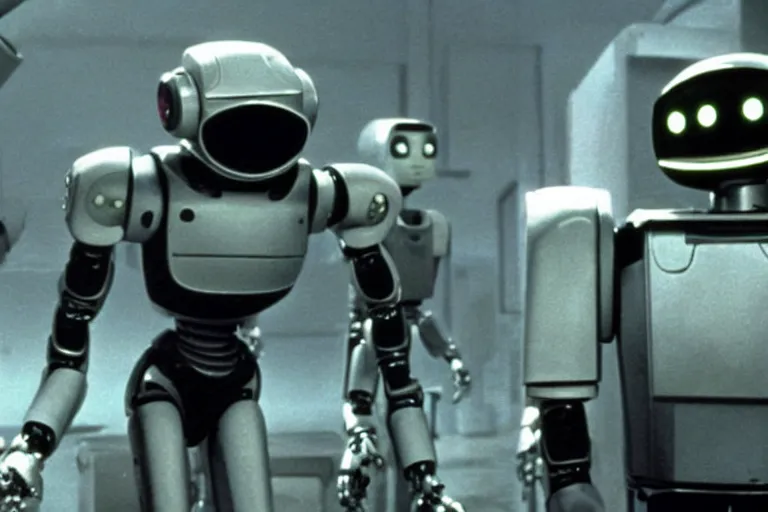 Image similar to a movie still from the 1985 summer blockbuster movie Back to the Robots directed by Steven Spielberg