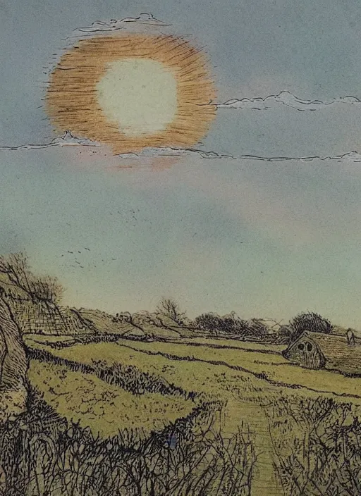 Image similar to sky transitioning from day to night, one half is sunny, other half is starry and dark, empty field, illustrated by peggy fortnum and beatrix potter and sir john tenniel