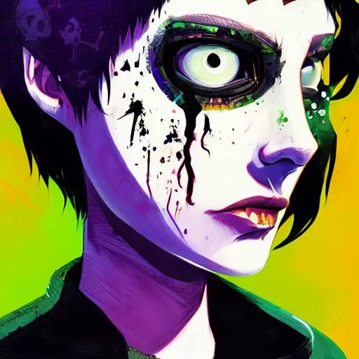 Prompt: Highly detailed portrait of a punk zombie young lady by Atey Ghailan, by Loish, by Bryan Lee O'Malley, by Cliff Chiang, inspired by image comics, inspired by graphic novel cover art !!!Yellow, green, black and purple color scheme ((dark blue moody background))