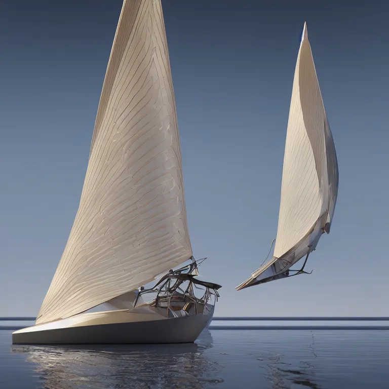 Image similar to octane render portrait by wayne barlow and carlo crivelli and glenn fabry, a futuristic sailboat with sails made out of clear iridescent plastic, cinema 4 d, ray traced lighting, very short depth of field, bokeh