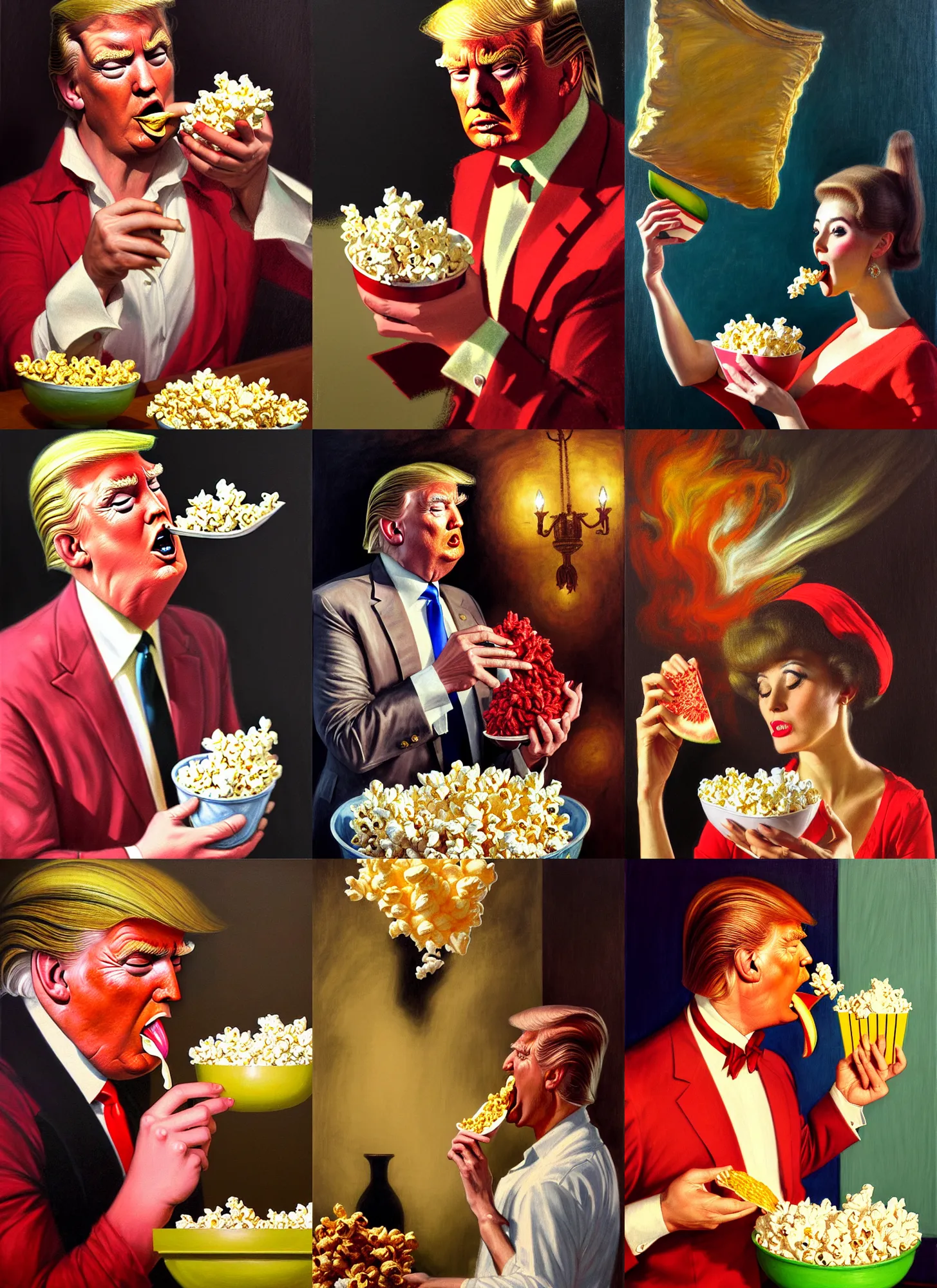 Prompt: 1960s Neo Rococo Expressionist, 1960s orientalism, diffuse lighting, fantasy, intricate, elegant, highly detailed, lifelike, photorealistic, digital painting, artstation, illustration, concept art, smooth, sharp focus, Donald Trump eating popcorn and watermelon, art by John Collier and Albert Aublet and Krenz Cushart and Artem Demura and Alphonse Mucha