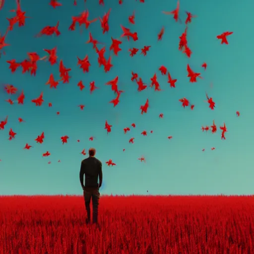 Prompt: a person whose torso is an explosion of red birds as he stands in a wide open, sunny field very cinematic octane render