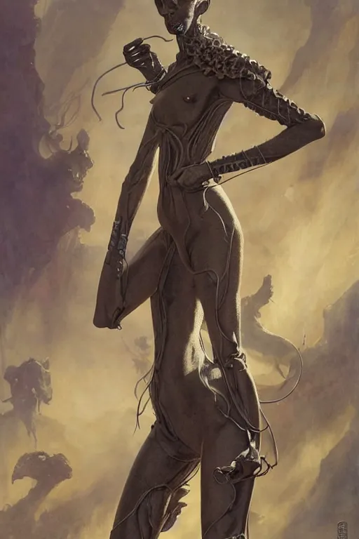 Image similar to a fashion editorial of a shaved tiefling alien with scaled skin meditating. she is wearing a tactical suit and has many body modifications. by tom bagshaw, donato giancola, hans holbein, walton ford, gaston bussiere, brian froud, peter mohrbacher and magali villeneuve. 8 k, fashion editorial, cgsociety