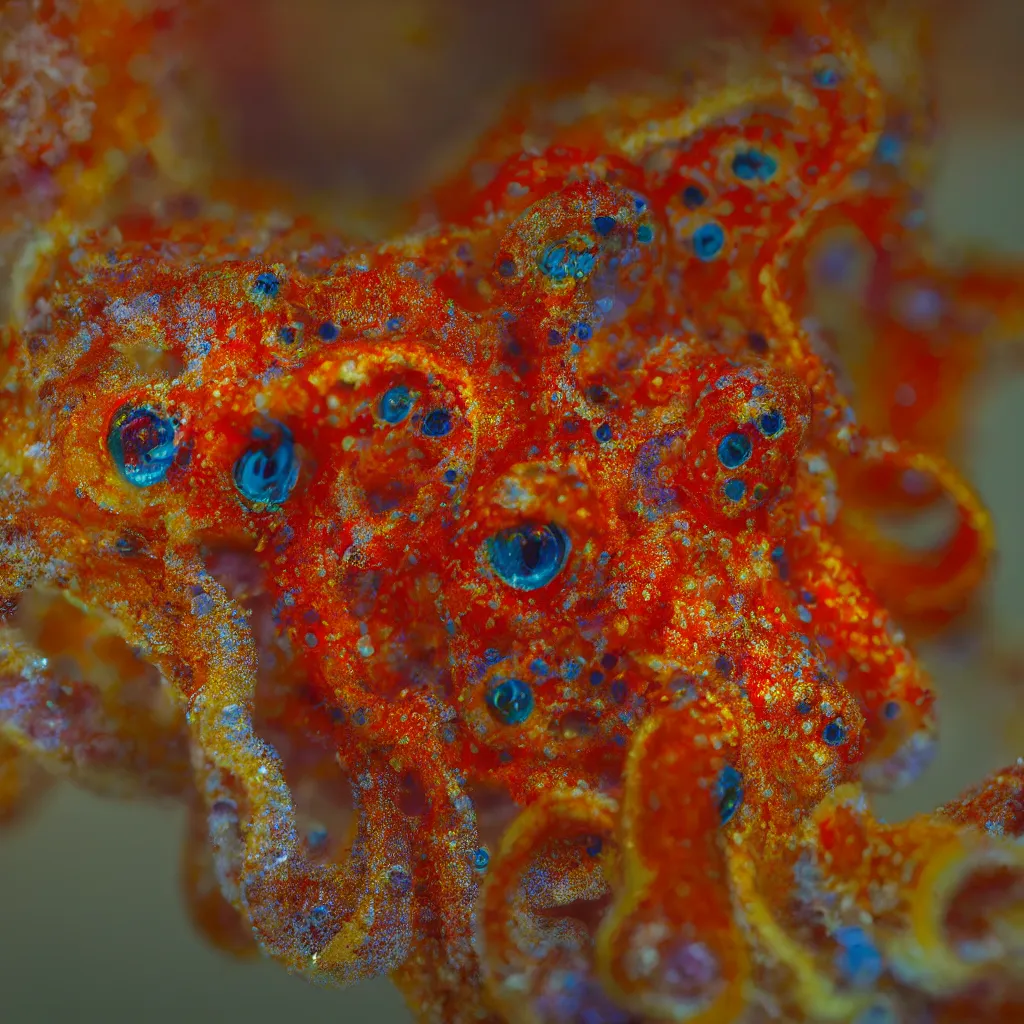 Image similar to fiery whimsical emotional eyes cephalopod, in a photorealistic macro photograph with shallow dof