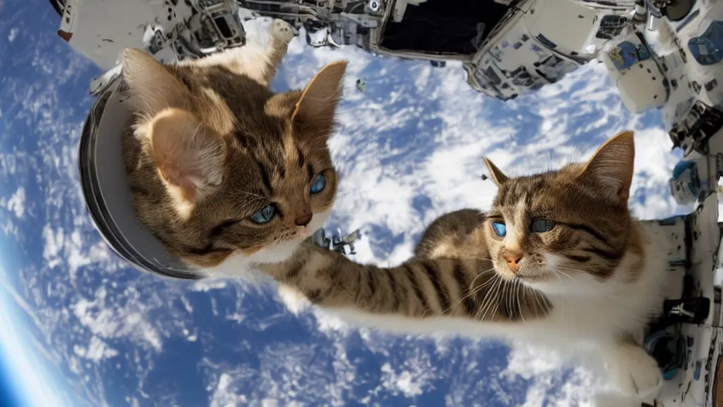 Prompt: Photo of a cat floating inside the ISS