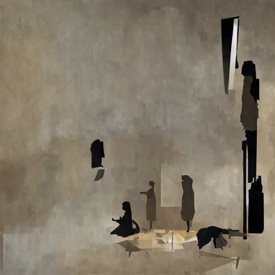 Prompt: artistic silhouette in a room, collage acrylic, paper, wood, gouache on canvas, dadaism, high resolution, breathtaking detailed, by tim eitel