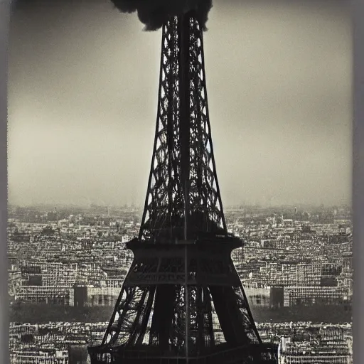 Image similar to extensive smoke rising from the top of the eiffel tower, aerial view, several police cars and crowds running across the ground, polaroid, 6 0's, hyperrealism, no blur, 4 k resolution, ultra detailed