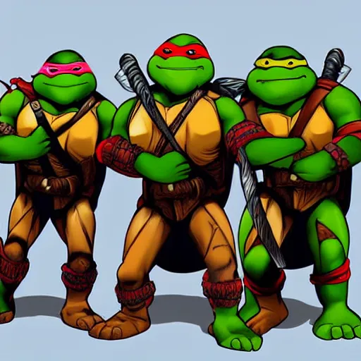 Image similar to Teenage Mutant Ninja Turtles Dressed in Viking armor Digital art very detailed 4K quality Super Realistic