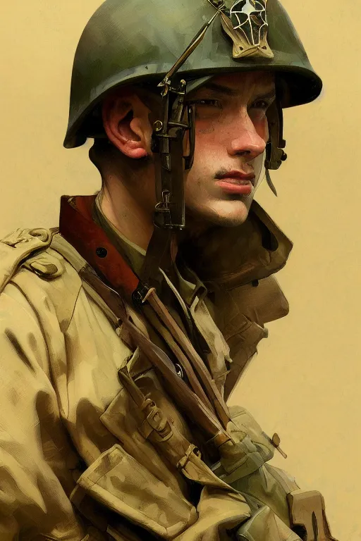 Prompt: A full portrait of a world war two soldier, intricate, elegant, highly detailed, digital painting, artstation, concept art, smooth, sharp focus, illustration, art by Krenz Cushart and Artem Demura and alphonse mucha