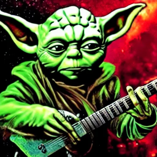 Prompt: Yoda playing guitar on a heavy metal album cover, 4k