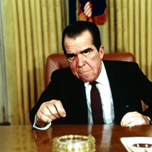 Image similar to Wasted Richard Nixon drinking a bottle of vodka in the oval office, historical photo