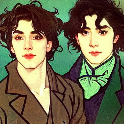 Image similar to painting of young cute handsome beautiful dark medium wavy hair man in his 2 0 s named shadow taehyung and cute handsome beautiful min - jun together at the halloween! party, bubbling cauldron!, candles!, smoke, autumn! colors, elegant, wearing suits!, clothes!, delicate facial features, art by alphonse mucha, vincent van gogh, egon schiele