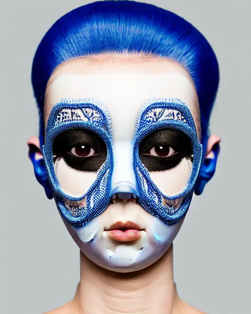 Image similar to symmetrical portrait of a woman wearing a embroidered translucent silicone beauty mask and deep blue hair buns, wearing a black bodysuit by alexander mcqueen, cream white background, soft diffused light, biotechnology, humanoide robot, bjork aesthetic, translucent, by rineke dijkstra, intricate details, highly detailed, masterpiece,