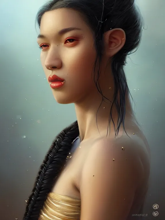 Prompt: beautiful portrait of a Subtropics minority female wearing fantastic costume,ivoy skin,long pigtail,intricate, elegant, highly detailed, dim volumetric lighting, 8k,octane,post-processing,digital painting, trending on artstation, concept art, smooth, sharp focus, illustration,by Tom Bagshaw and Daniel Gerhartz and Albert Aublet and Lawrence Alma-Tadema and alphonse mucha