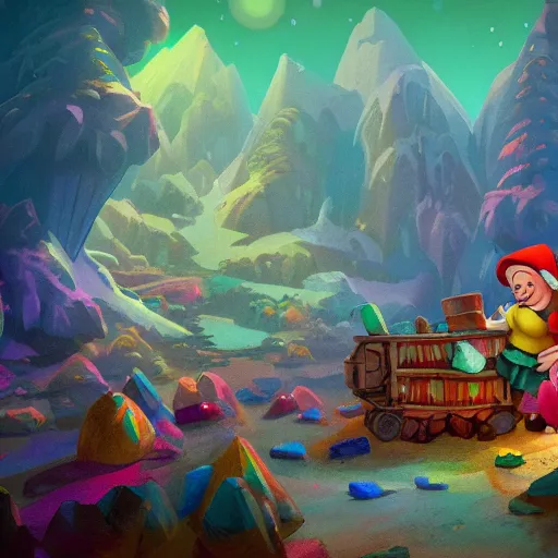 Image similar to a beautiful photo of the seven dwarfs mine, colorful crystals scattered around, and a mine cart full of crystals, natural light, concept art, cozy, atmospheric and cinematic lighting