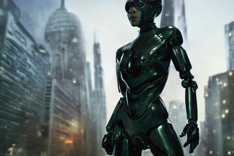 Prompt: VFX movie closeup portrait of a gorgeous futuristic robot woman in black spandex armor in future city, hero pose, beautiful skin, city night lighting by Emmanuel Lubezki