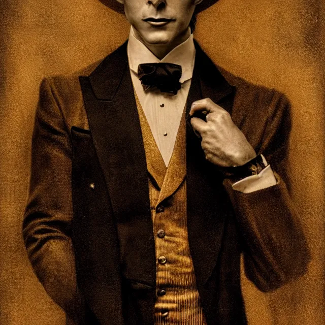 Prompt: photorealistic sepia portrait of a 1 9 2 0 s era male magician, well dressed, long - tailed tuxedo coat, in the style of kai carpenter, atmospheric lighting, dark, brooding, painted, intricate, ultra detailed, well composed, best on artstation, cgsociety, epic, stunning, gorgeous, intricate detail, much wow, masterpiece