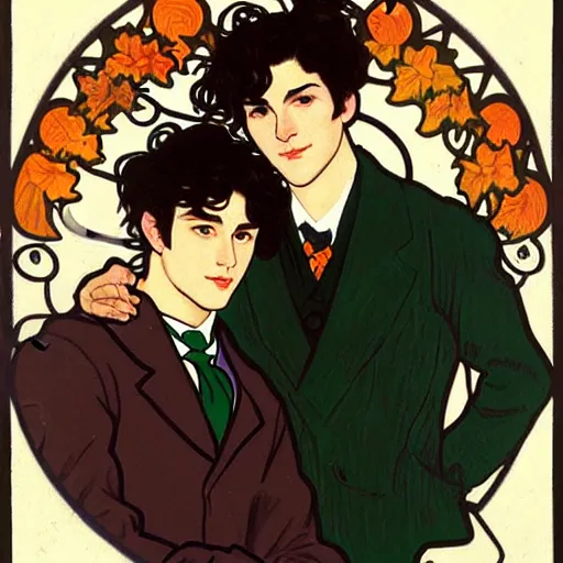 Image similar to painting of young cute handsome beautiful dark medium wavy hair man in his 2 0 s named shadow taehyung and cute handsome beautiful min - jun together at the halloween! party, bubbling cauldron!, candles!, smoke, autumn! colors, elegant, wearing suits!, delicate facial features, art by alphonse mucha, vincent van gogh, egon schiele