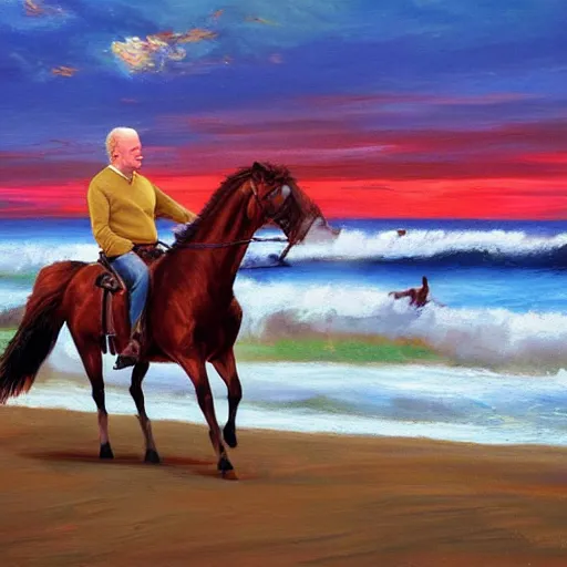 Image similar to Joe Biden riding a horse eating pizza on the beach in Hawaii at sunset, artistic oil painting