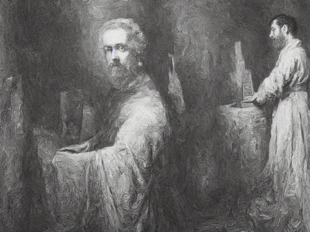 Prompt: an artificial intelligence painting a masterpiece self - portrait in his studio in the style of gustave dore