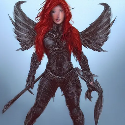 Image similar to “winged, red haired woman, gargoyle, flaming sword, full plate armor, fantasy drawing, concept art”