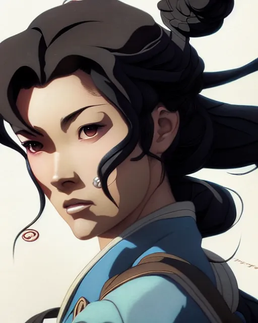 Image similar to asami from the legend of korra, character portrait, portrait, close up, concept art, intricate details, highly detailed by greg rutkowski, michael whelan and gustave dore