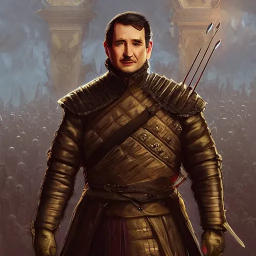 Image similar to ted cruz as a game of thrones character, highly detailed digital painting, artstation, concept art, smooth, sharp focus, illustration, art by artgerm and greg rutkowski and alphonse mucha