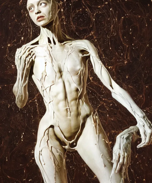 Image similar to Beautiful full-body wax sculpture of glowing transparent woman with visible bones covered with melted white candle wax inside the singularity where stars becoming baroque folds of dark matter by Michelangelo da Caravaggio, Nicola Samori, William Blake, Alex Grey and Beksinski, dramatic volumetric lighting, highly detailed oil painting, 8k, masterpiece