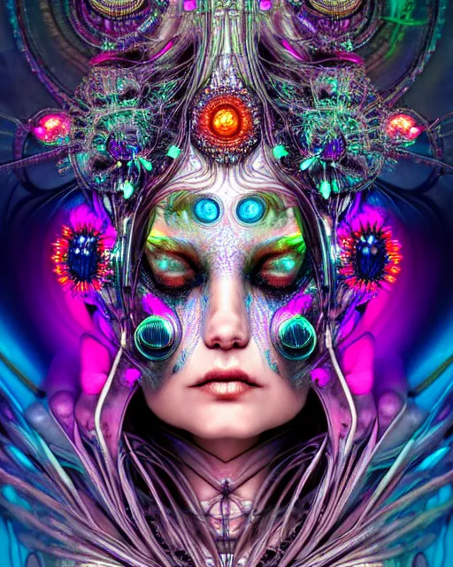 Image similar to detailed portrait of a beautiful goddess in a cyber headdress, neon cyberpunk make - up, art by android jones, ernst haeckel, nekro borja, alphonso mucha, h. r. giger, gothic - cyberpunk,