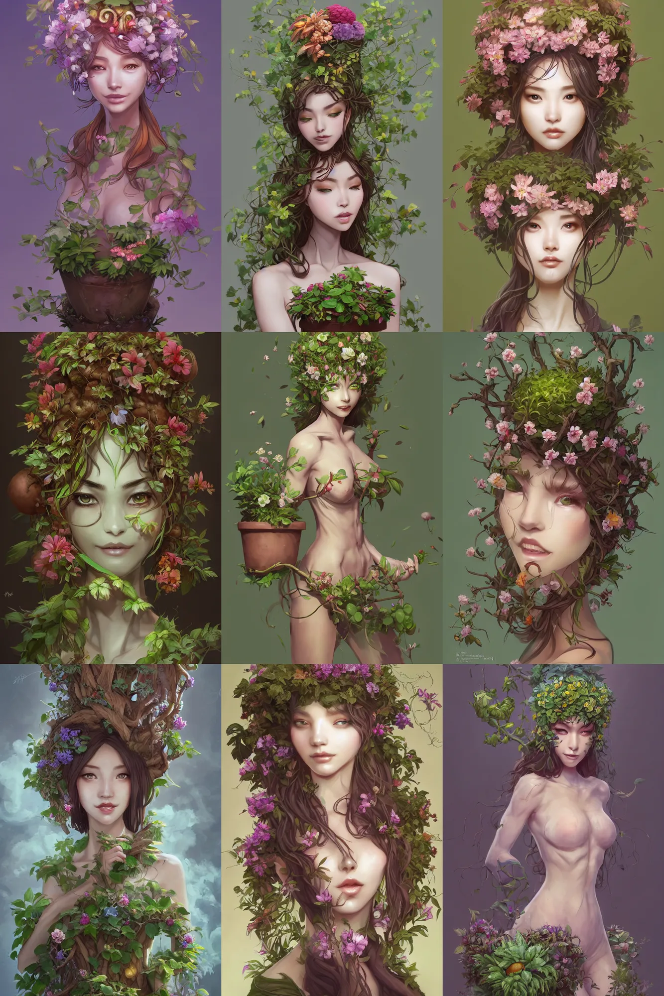 Prompt: character concept art of an dryad, plant woman, pretty face, flower pot balanced on head by hyeyoung kim, stanley artgerm lau, wlop, rossdraws, james jean, andrei riabovitchev, marc simonetti, and sakimichan, tranding on artstation