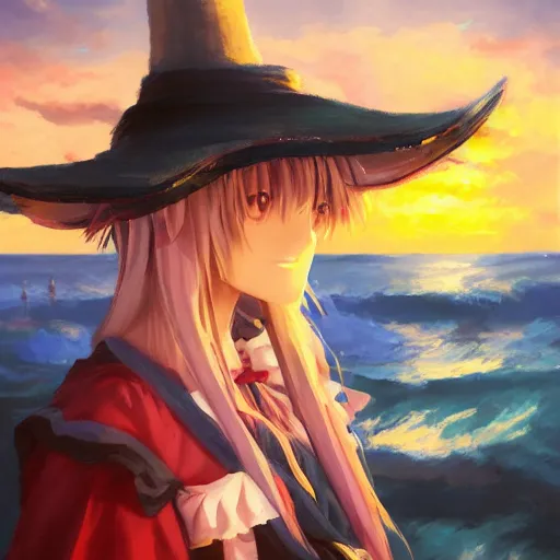 Image similar to Beautiful abstract portrait of Kirisame Marisa from the Touhou project at the beach at sunset, touhou project official artwork, danbooru, oil painting by Antoine Blanchard, sold at an auction, oil on canvas , wide strokes, pastel colors, soft lighting