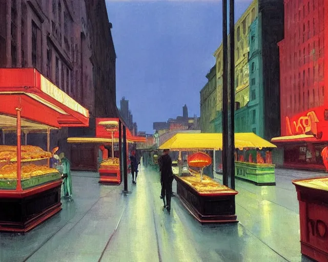 Image similar to street with food stands in a cyberpunk city on a rainy melancholy night by edward hopper