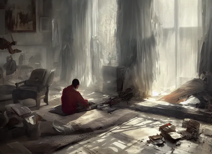 Image similar to the rich house and man lying on the floor alone around volumetric lighting, digital painting, highly detailed, artstation, sharp focus, illustration, concept art, ruan jia, steve mccurry, amazing composition