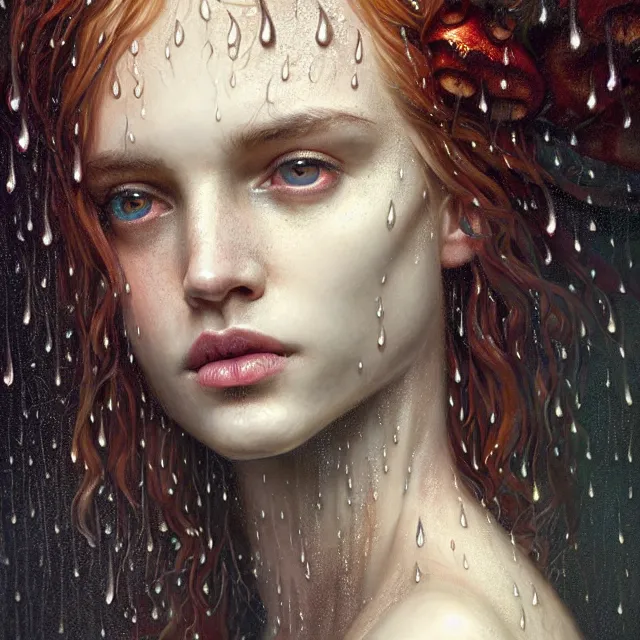 Prompt: bright portrait surrounded by mushrooms with rain on face and wet hair, diffuse overhead lighting, fantasy, intricate, elegant, dramatic lighting, highly detailed, lifelike, photorealistic, digital painting, artstation, illustration, concept art, smooth, sharp focus, art by John Collier and Albert Aublet and Krenz Cushart and Artem Demura and Alphonse Mucha