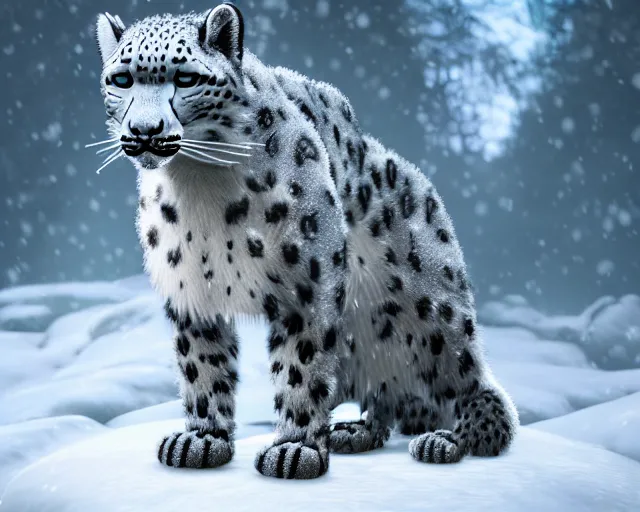 Image similar to a snow leopard standing on a riverbank in a snowy forest forest, natural lighting, very coherent, ultra realistic, concept art, intricate details, highly detailed, photorealistic, octane render, 8 k, unreal engine