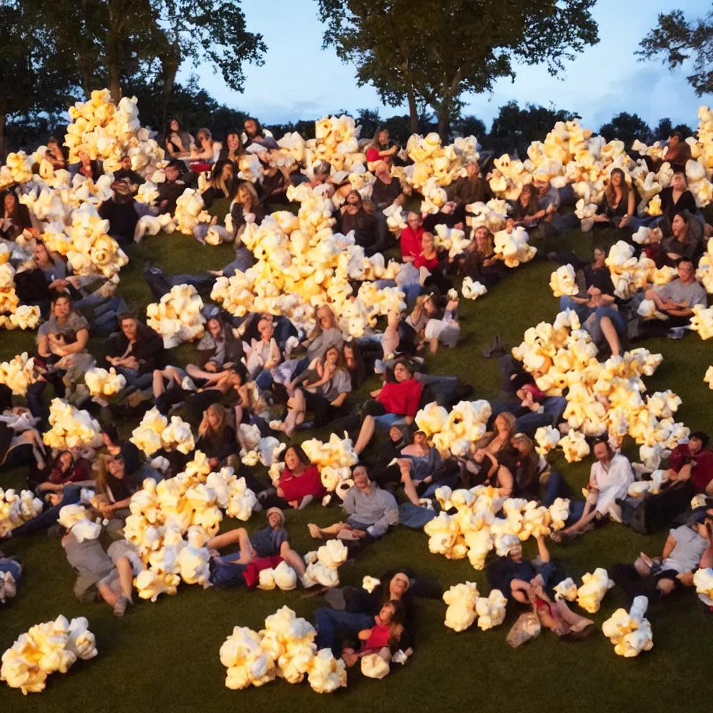 Prompt: outdoor cinema with giant popcorn at night