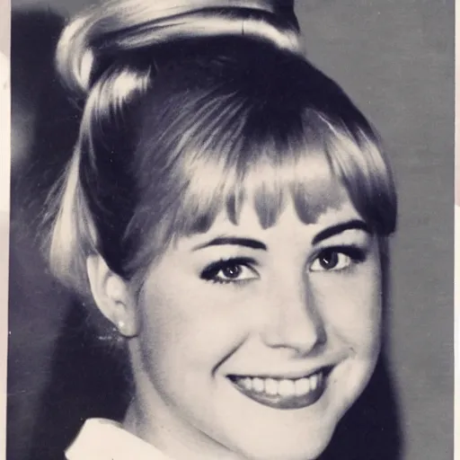 Image similar to a yearbook photo of Betty Cooper in 1966, she has a ponytail and bangs