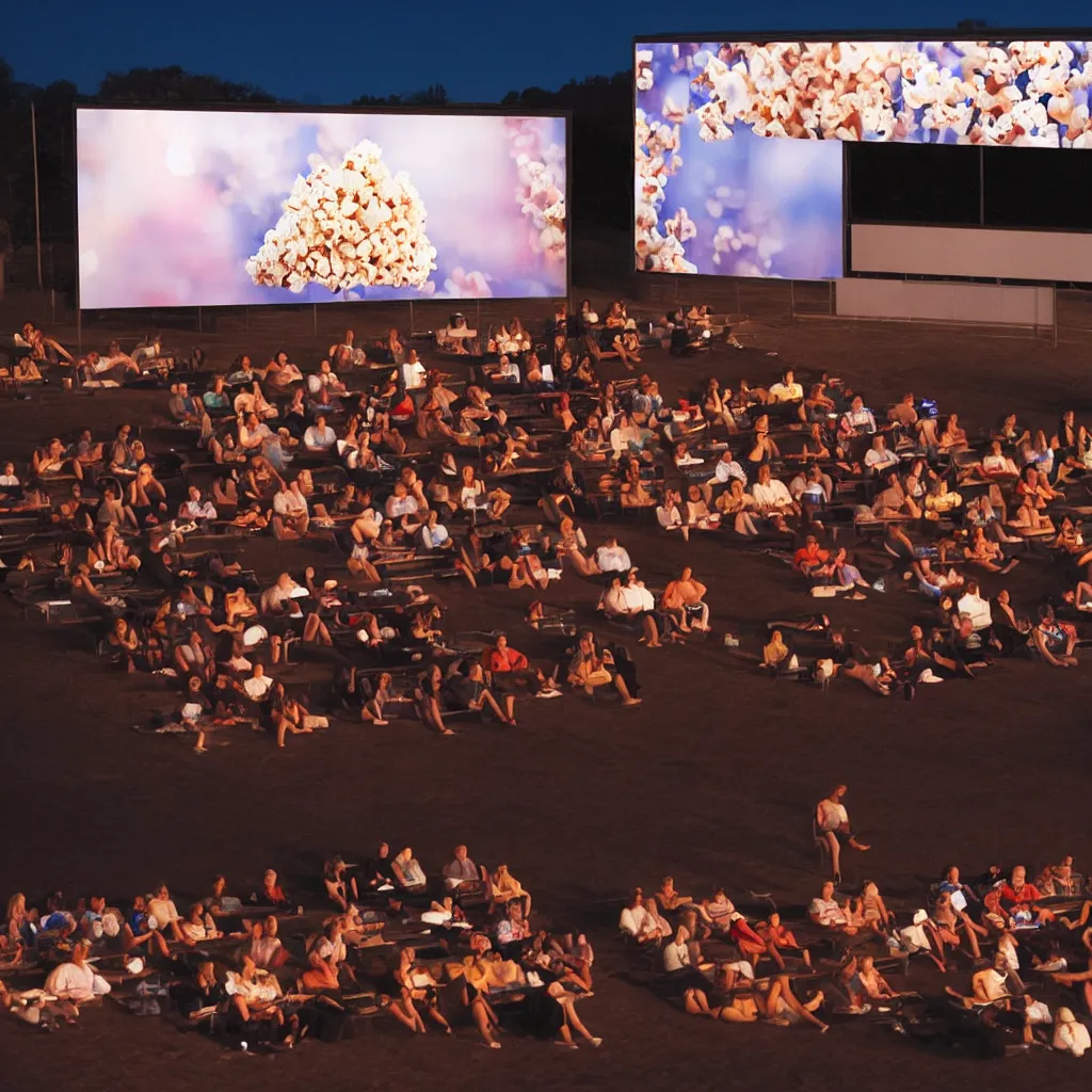Prompt: outdoor cinema screen with moviegoers, giant popcorn bucket, at night symmetrical rule of thirds